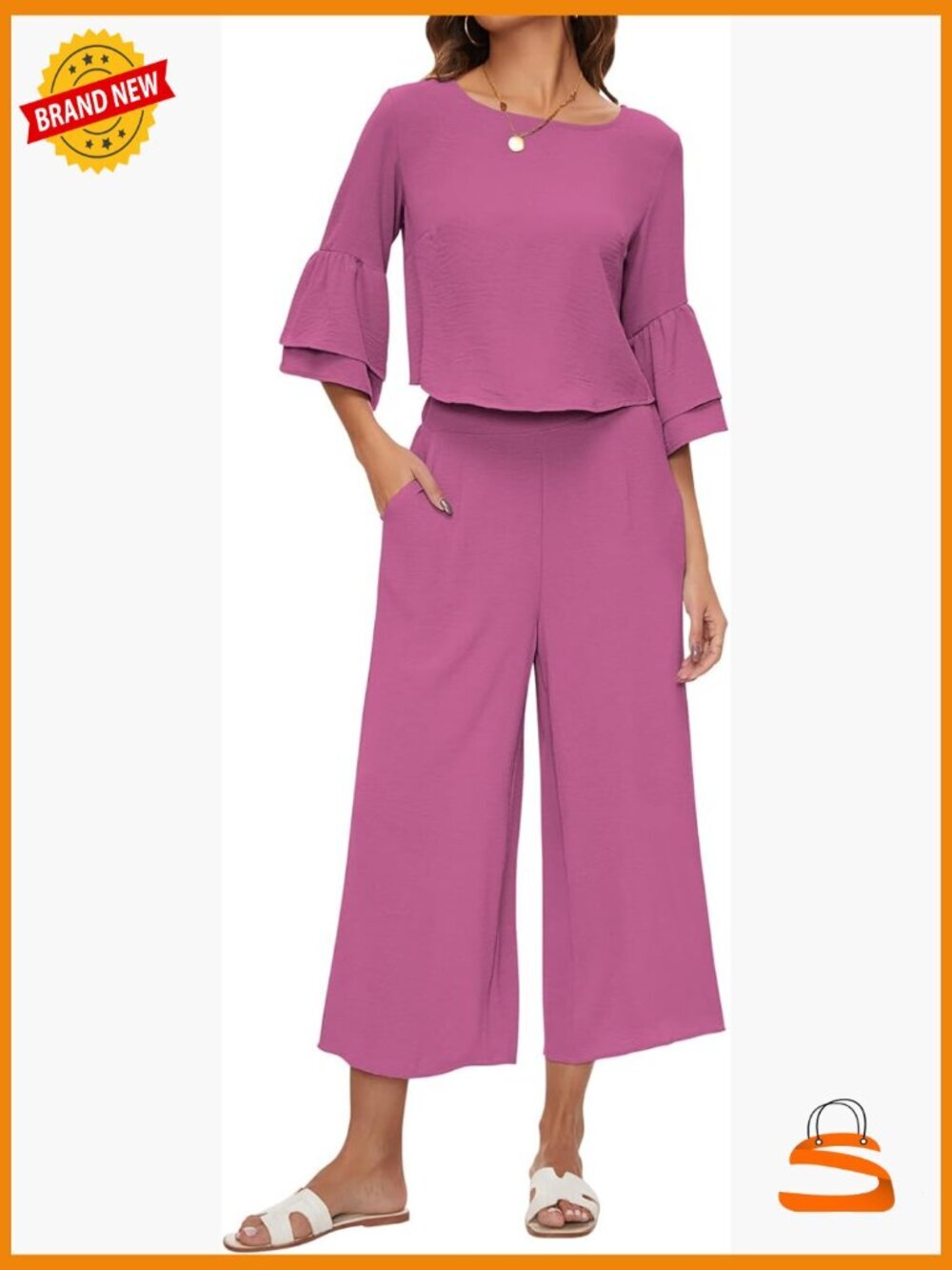 Bell Sleeve Crop Top Wide Leg Pants 2 Piece Set Matching Lounge Tracksuit